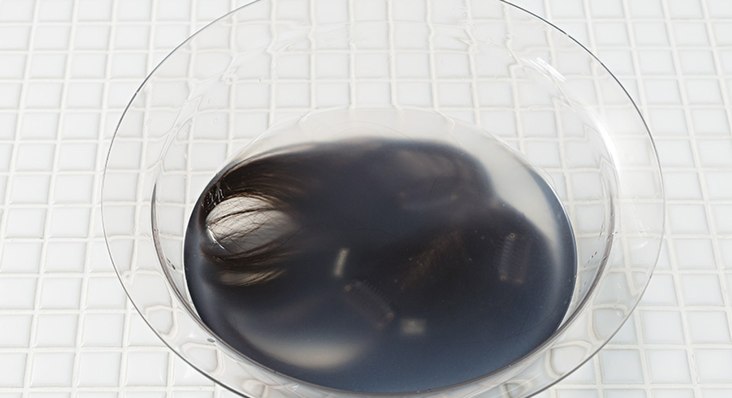 洗面器の水に専用リンスを加えている様子