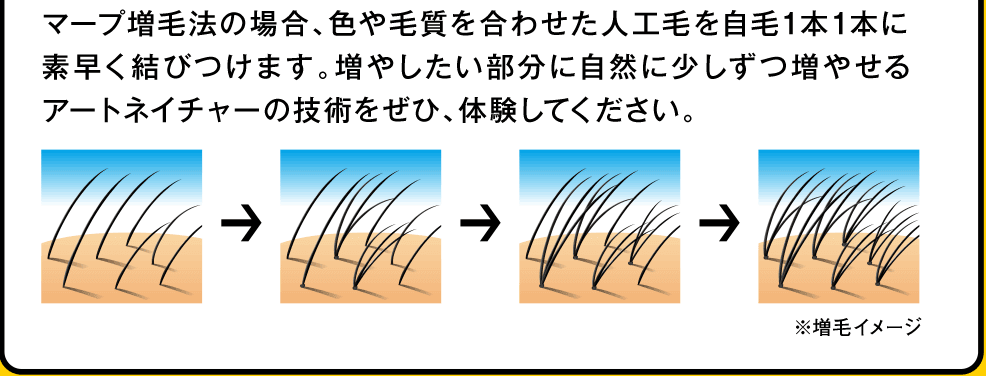 マープ増毛法の場合、色やけ室を合わせた人工毛を地毛1本1本にすばやく結びつけます。増やしたい部分に自然に少しずつ増やせるアートネイチャーの技術をぜひ、体験してください。