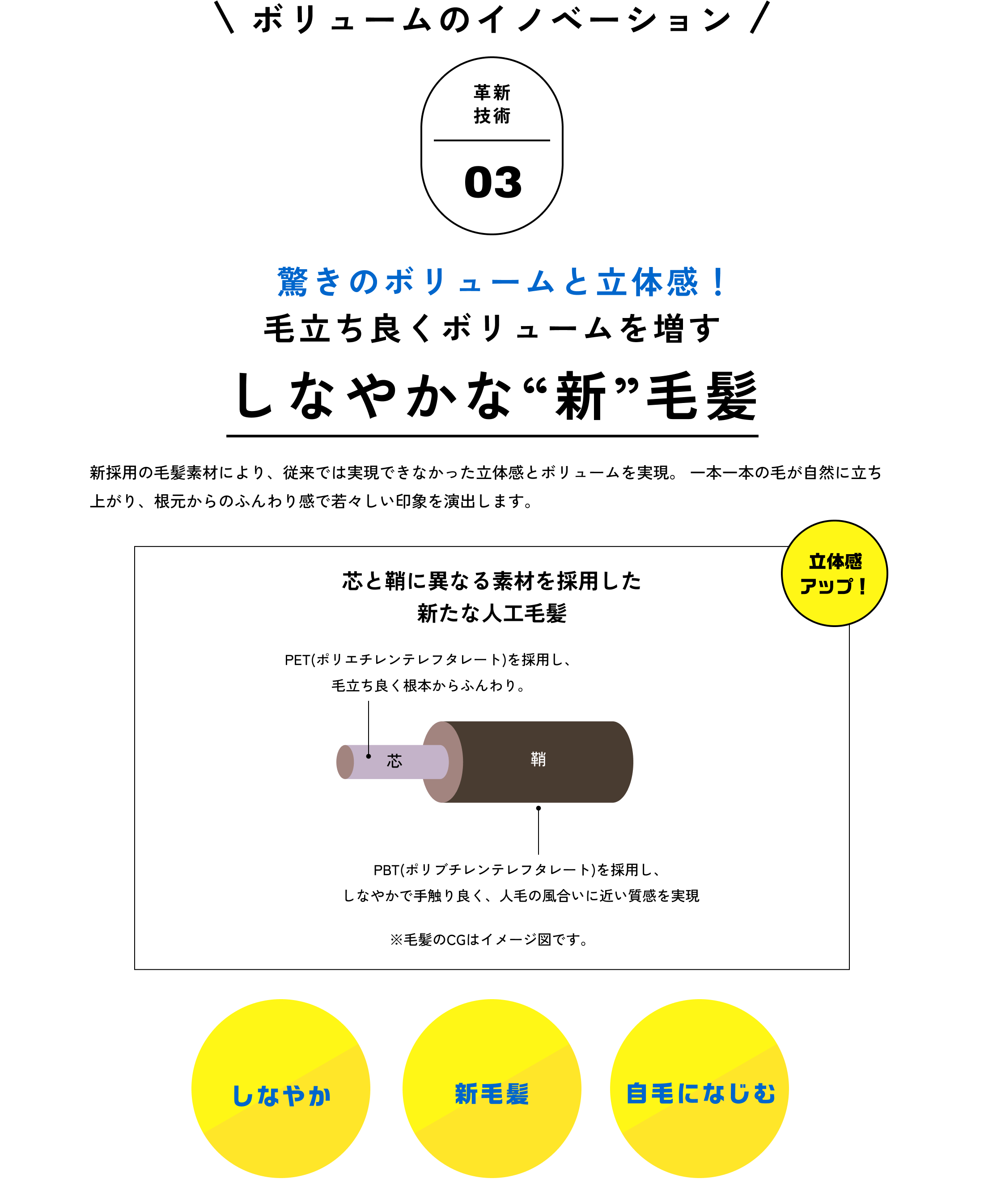 ボリュームのイノベーション　革新技術03　毛立ち良くボリュームを増す　驚きのボリュームと立体感！　しなやかな“新”毛髪新採用の毛髪素材により、従来では実現できなかった立体感とボリュームを実現。 一本一本の毛が自然に立ち上がり、根元からのふんわり感で若々しい印象を演出します。　芯と鞘に異なる素材を採用した新たな人工毛髪立体感アップ！　PET(ポリエチレンテレフタレート)を採用し、毛立ち良く根本からふんわり。芯鞘PBT(ポリブチレンテレフタレート)を採用し、しなやかで手触り良く、人毛の風合いに近い質感を実現※毛髪のCGはイメージ図です。しなやか新毛髪自毛になじむ
