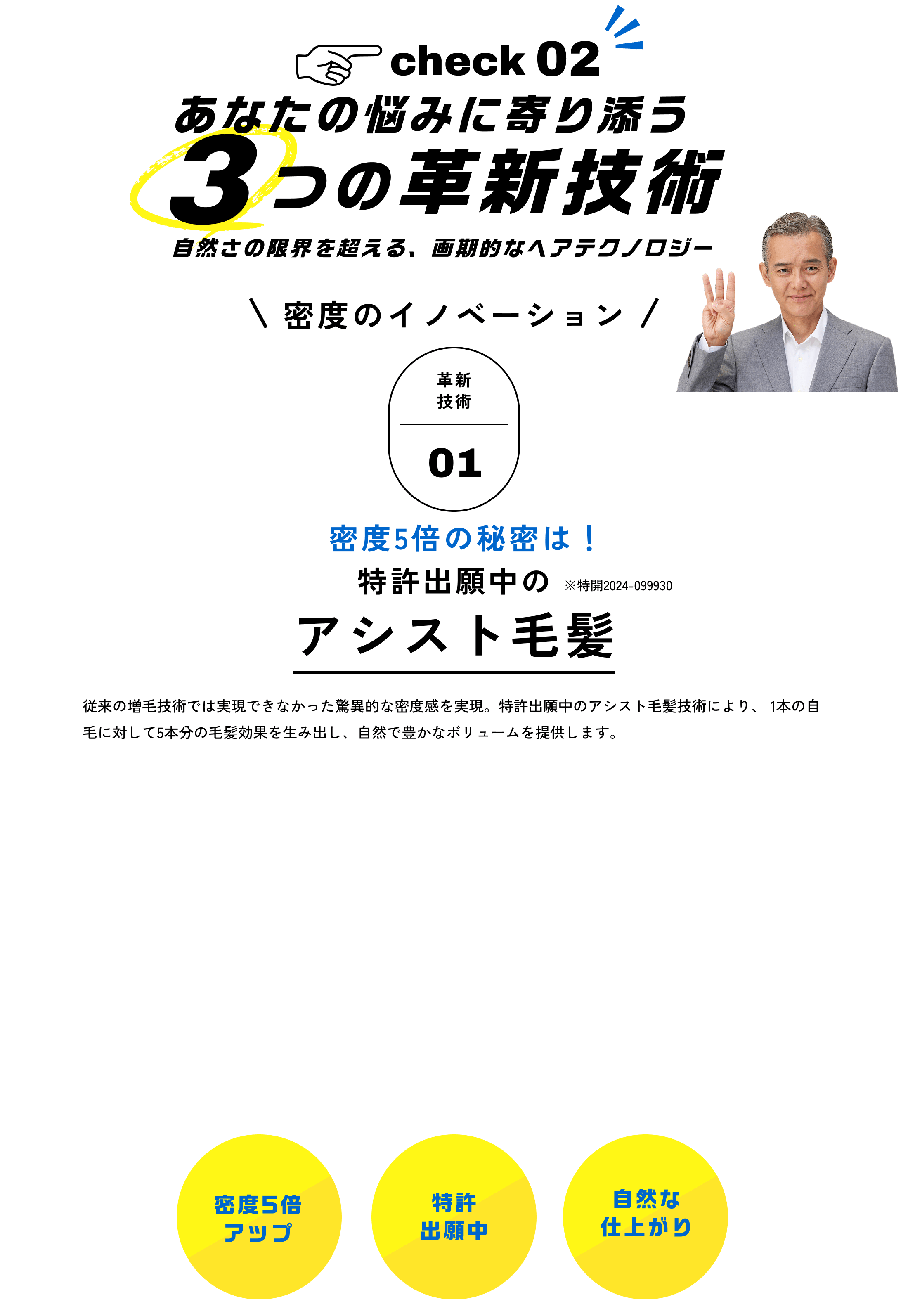 check　02　自然さの限界を超える、画期的なヘアテクノロジー
あなたの悩みに寄り添う3つの　革新技術　密度のイノベーション　革新技術01　密度5倍の秘密は！特許出願中のアシスト毛髪　※特開2024-099930　従来の増毛技術では実現できなかった驚異的な密度感を実現。特許出願中のアシスト毛髪技術により、 1本の自毛に対して5本分の毛髪効果を生み出し、自然で豊かなボリュームを提供します。　密度5倍アップ　特許出願中　自然な仕上がり