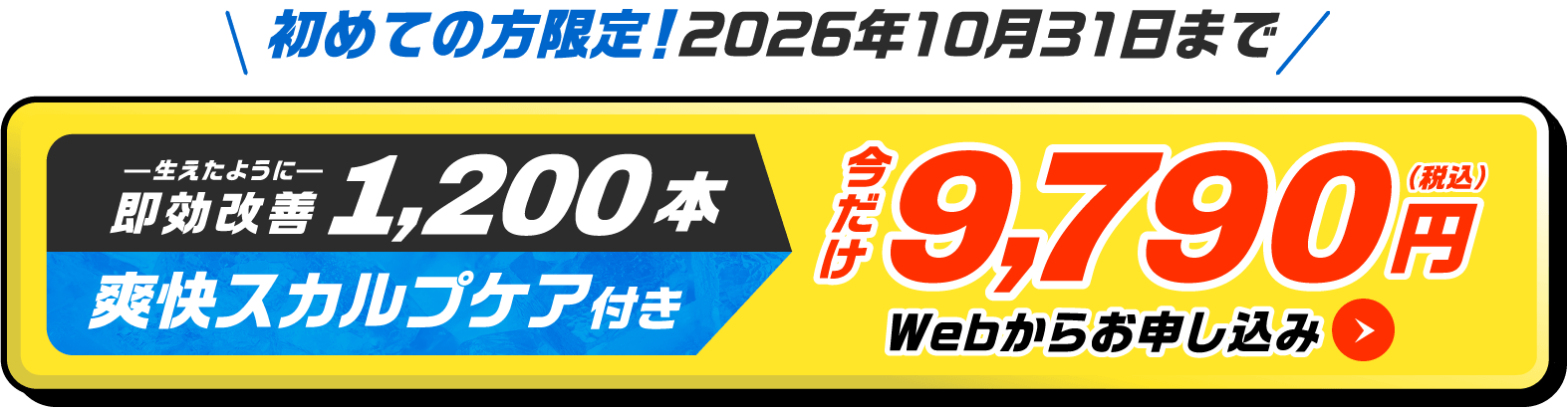 初めての方限定 生えたように即効改善1,200本 爽快スカルプケア付き 今だけ9,790円(税込) 2026年10月31日まで！Webからお申し込み