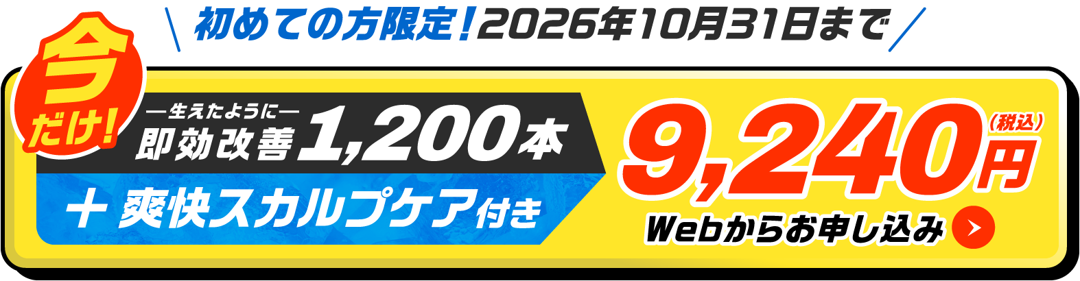 まずは1,200本増毛 生えたように即効改善 今だけ！9,240円(税込)お申し込みボタン