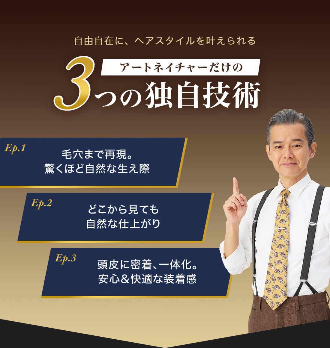 自由自在に、ヘアスタイルを叶えられるアートネイチャーだけの3つの独自技術 Ep.1 毛穴まで再現。驚くほど自然な生え際 Ep.2 どこから見ても自然な仕上がり Ep.3 頭皮に密着、一体化。安心＆快適な装着感
